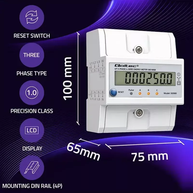 Contatore di energia trifase QOLTEC 50980 — 400 V, 100 A con reset