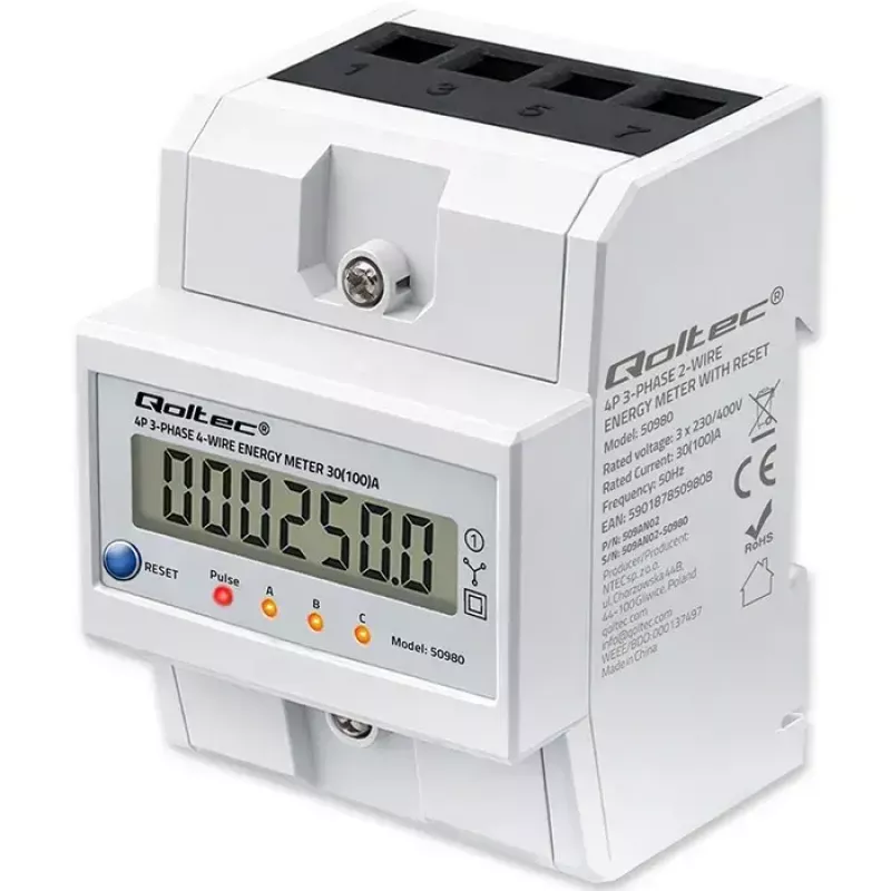 Contatore di energia trifase QOLTEC 50980 — 400 V, 100 A con reset