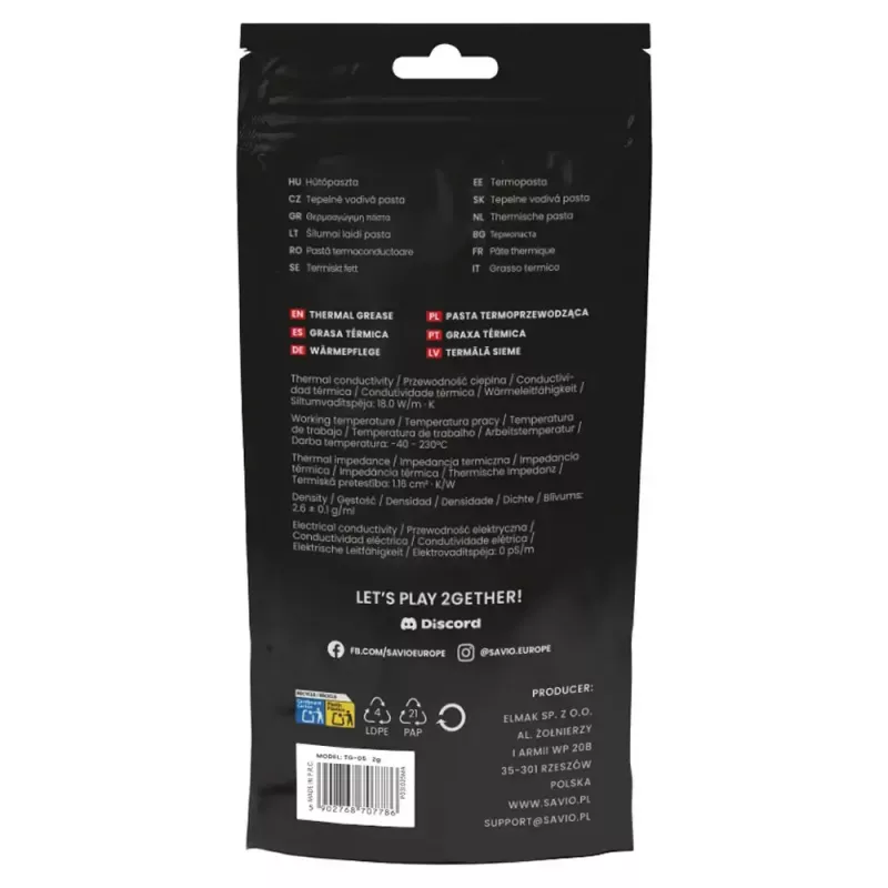 Pasta termica SAVIO TG-05 2g — conduttività termica 18 W/m·K, 2 ml