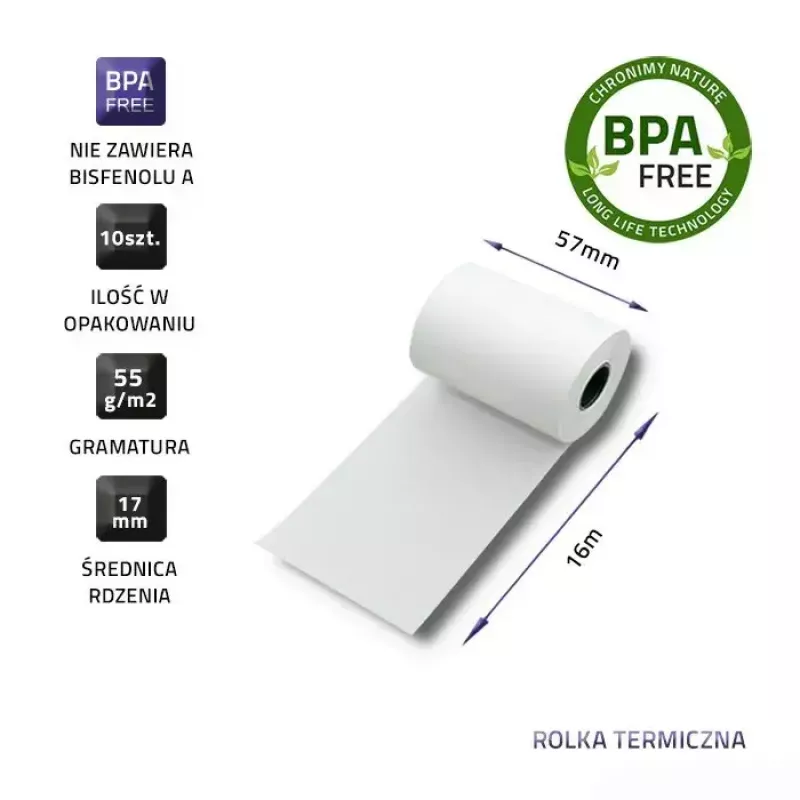 Rotolo termico QOLTEC 51899 — 57 mm x 16 m, 55 g/m², senza BPA