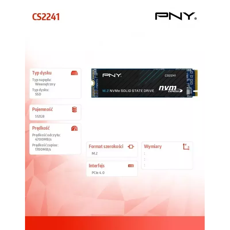 SSD interna PNY M.2 2280 512 GB M280CS2241-512-BLK, SATA/NVMe non specificato