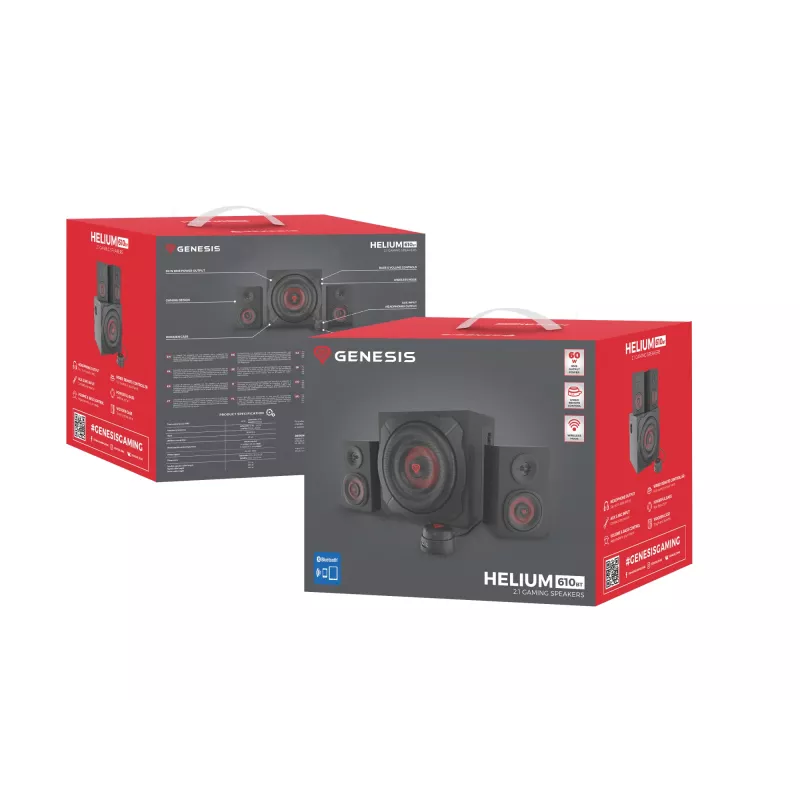 Set di diffusori GENESIS Helium 610BT 2.1, 60 W RMS, Bluetooth, con filo, rosso/nero, subwoofer compatto