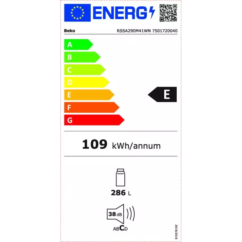 Frigorifero freestanding BEKO RSSA290M41WN — 286 L di capacità, classe energetica E, 38 dB, bianco