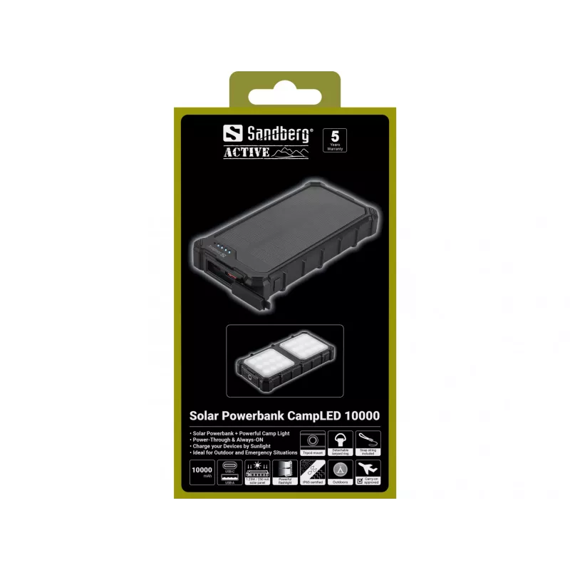 Powerbank solare Sandberg CampLED 10000, 10000 mAh, Programmable Power Supply (PPS), 3,7 V, 15 W, nero
