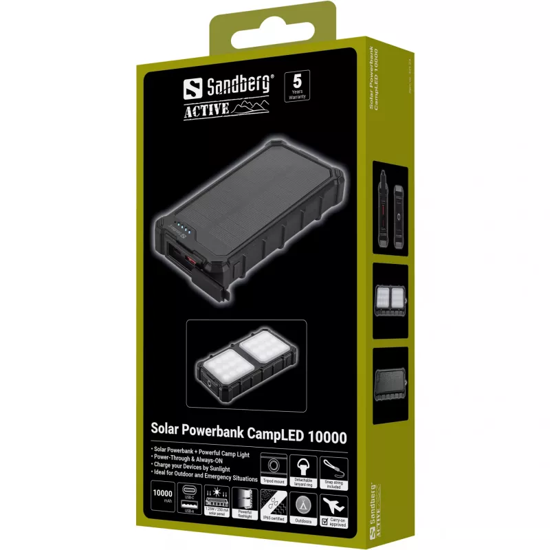Powerbank solare Sandberg CampLED 10000, 10000 mAh, Programmable Power Supply (PPS), 3,7 V, 15 W, nero