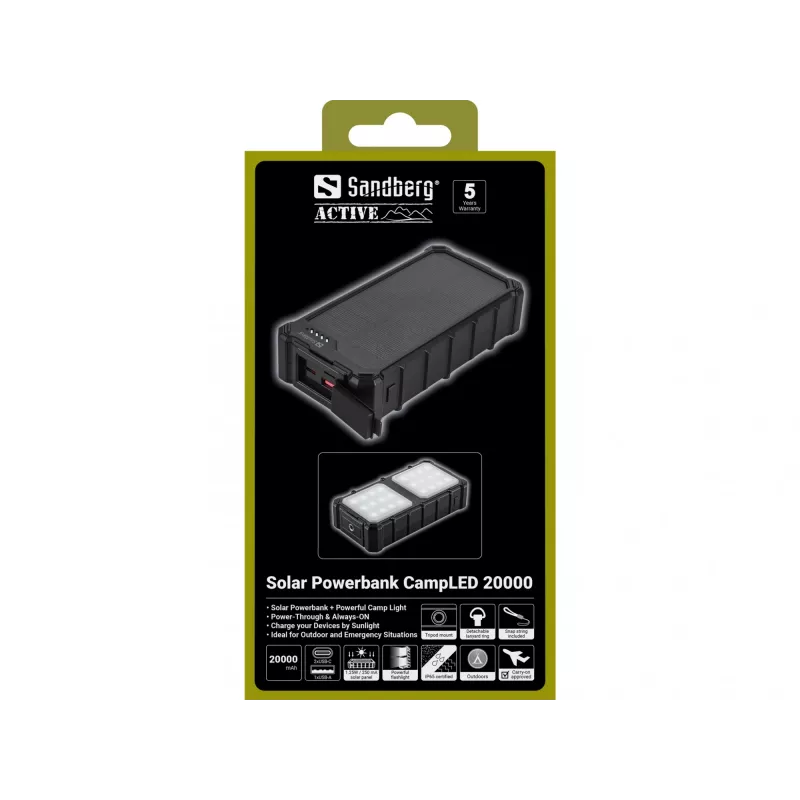 Powerbank solare Sandberg CampLED 20000, 20000 mAh, Programmable Power Supply (PPS), 3,7 V, 15 W, nero