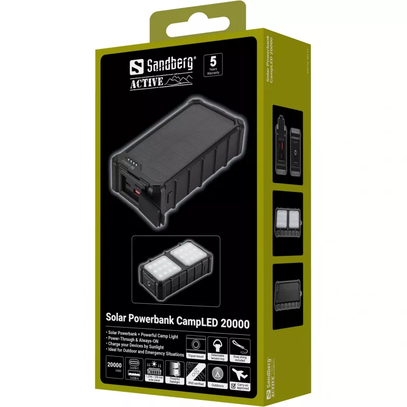 Powerbank solare Sandberg CampLED 20000, 20000 mAh, Programmable Power Supply (PPS), 3,7 V, 15 W, nero