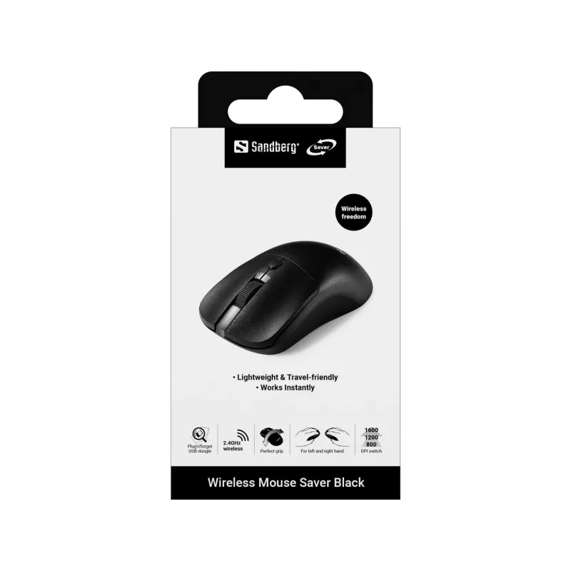 Mouse wireless Sandberg Saver nero, per entrambe le mani, RF Wireless, 1600 DPI, nero