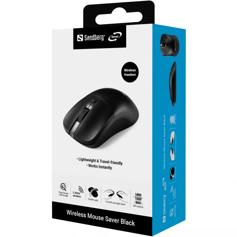 Mouse wireless Sandberg Saver nero, per entrambe le mani, RF Wireless, 1600 DPI, nero