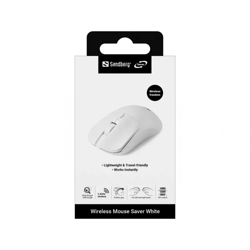 Mouse wireless Sandberg Saver bianco, per entrambe le mani, RF Wireless, 1600 DPI, bianco