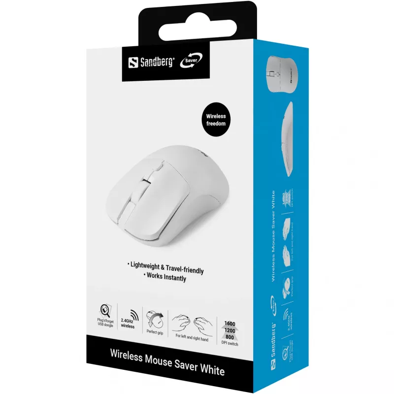 Mouse wireless Sandberg Saver bianco, per entrambe le mani, RF Wireless, 1600 DPI, bianco