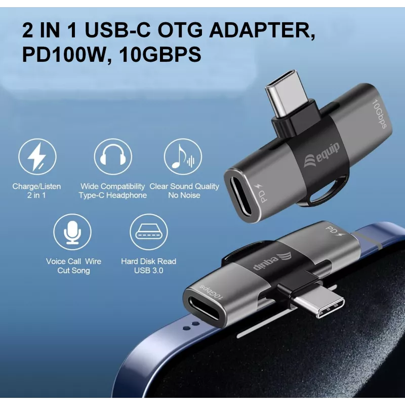 Adattatore USB-C OTG 2-in-1 EQUIP 133479 — 100W PD, 10Gbit/s, 1x USB-C su 2x USB-C, grigio