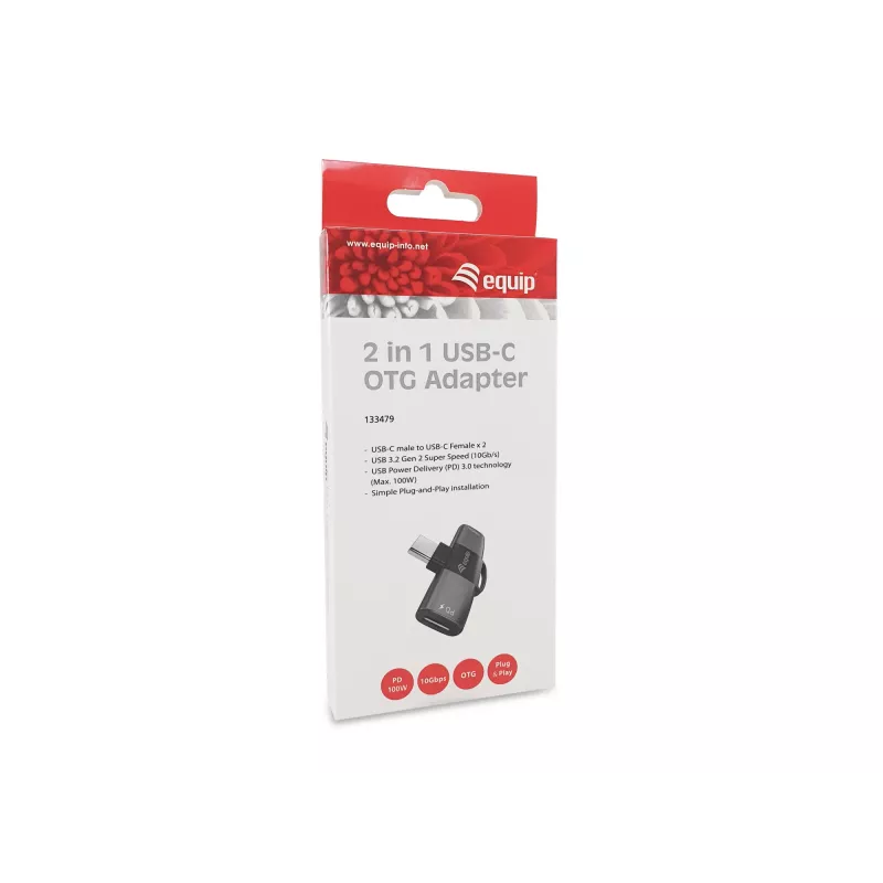 Adattatore USB-C OTG 2-in-1 EQUIP 133479 — 100W PD, 10Gbit/s, 1x USB-C su 2x USB-C, grigio