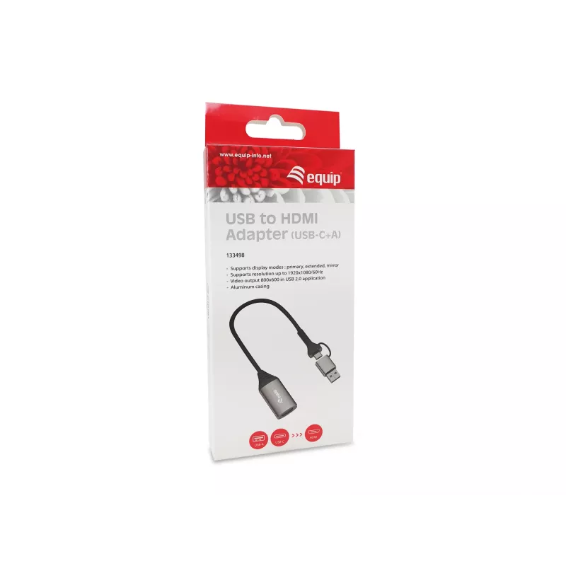 Adattatore USB su HDMI EQUIP 133498 (connettore USB-C e USB-A su HDMI, 1080p, case in alluminio, grigio)