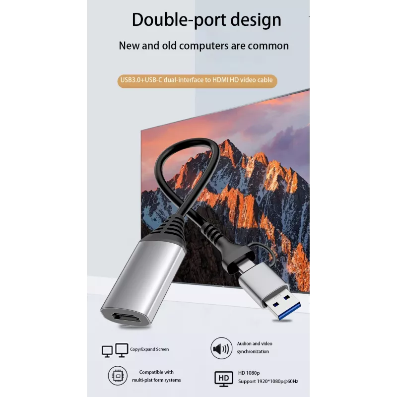 Adattatore USB su HDMI EQUIP 133498 (connettore USB-C e USB-A su HDMI, 1080p, case in alluminio, grigio)