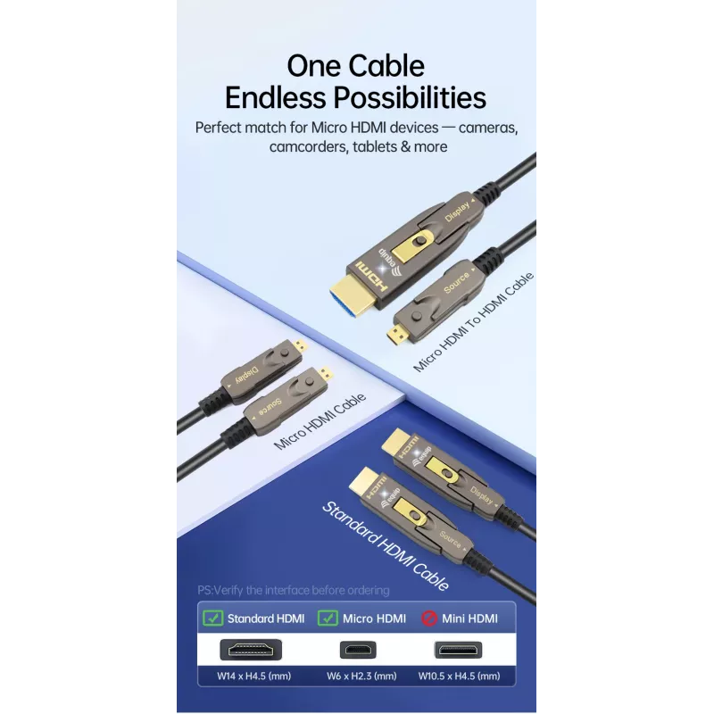EQUIP Cavo ottico attivo HDMI 2.1 10 m — Type-D (Micro) + Type-A rimovibili, 48 Gbit/s, 8K/60Hz