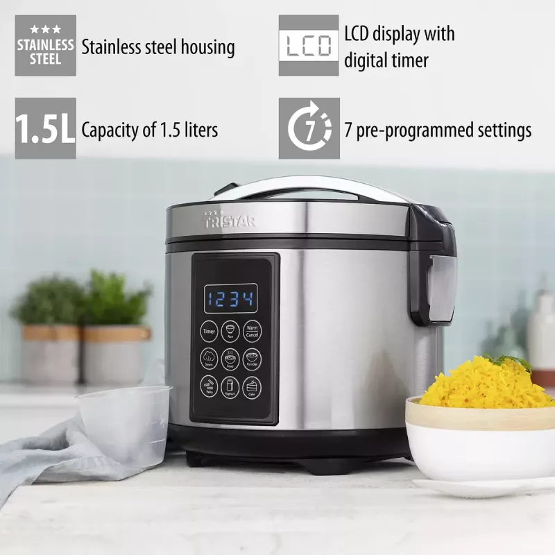 Multicooker Tristar RK-6132 — 1,5 L, 500 W, 7 programmi automatici, LCD, acciaio inox/nero