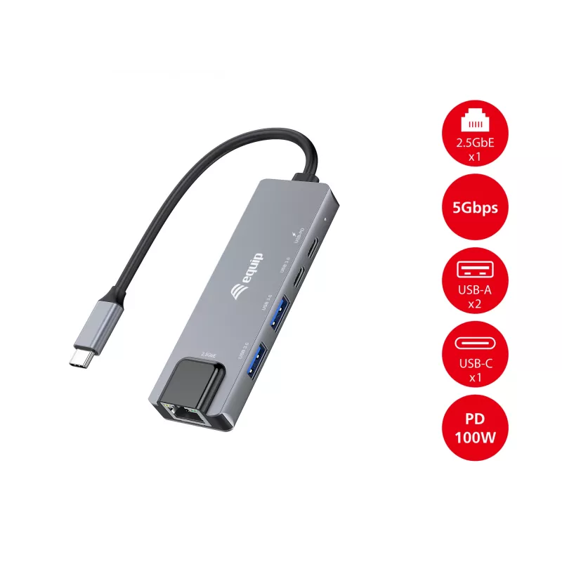 Equip adattatore multifunzione 5-in-1, 2,5GbE, USB-A x 2, USB-C x 1, USB-C, 100W USB PD