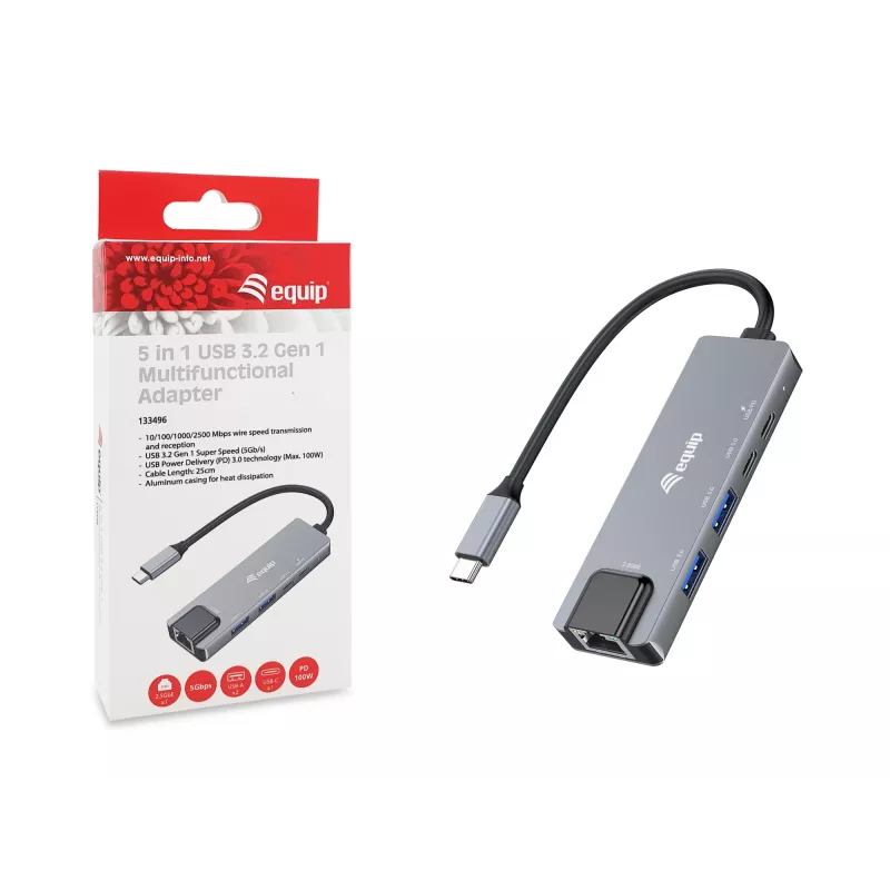Equip adattatore multifunzione 5-in-1, 2,5GbE, USB-A x 2, USB-C x 1, USB-C, 100W USB PD