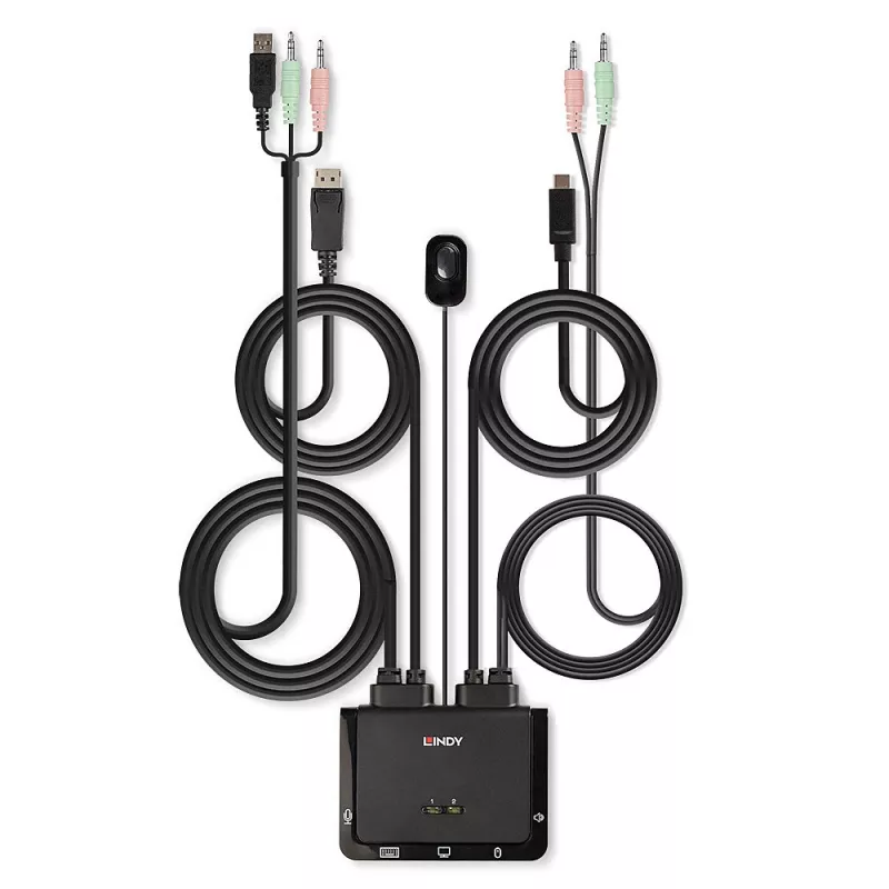 Switch KVM Lindy 2 porte DisplayPort 1.2, USB Type-C, USB 2.0 e cavo audio