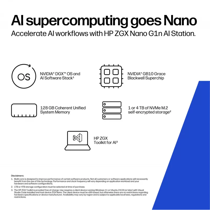 HP ZGX Nano G1n AI GB10 128 GB LPDDR5x-SDRAM 4 TB SSD Linux Mini PC workstation AI workstation, AI PC nero