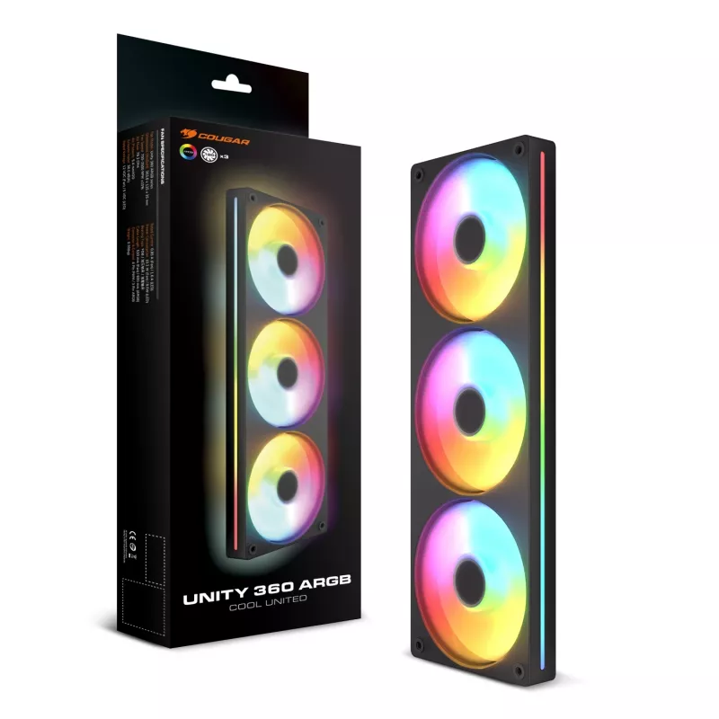 Cougar Unity360-FB Single-Frame 360 ARGB PWM Forward, 120mm×3, 700–2500 RPM, FDB, 5.4 mmH2O, nero