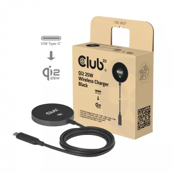 Pad di ricarica wireless CLUB3D CAC-3027 Qi2 25W pad magnetico compatibile MagSafe, caricabatterie DC per interni, cavo 1 m, nero