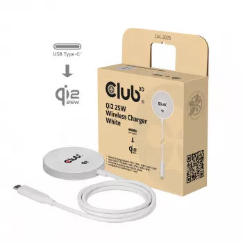 Pad di ricarica wireless club 3d CAC-3026 25W Qi2 pad magnetico, compatibile Qi 2.2 MagSafe, cavo 1 m, bianco