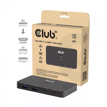 Switch KVM club 3d Dual USB-C a HDMI, 2 porte, 4K UHD 3840x2160, console USB-C, 65W PD, nero