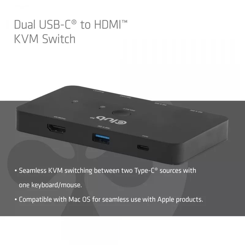 Switch KVM club 3d Dual USB-C a HDMI, 2 porte, 4K UHD 3840x2160, console USB-C, 65W PD, nero