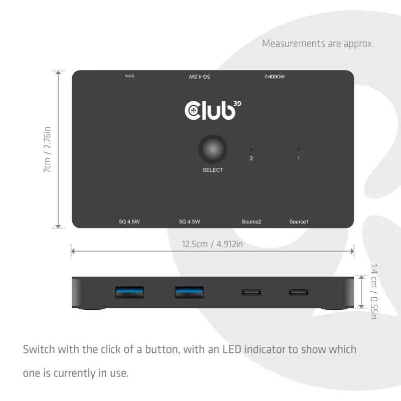 Switch KVM club 3d Dual USB-C a HDMI, 2 porte, 4K UHD 3840x2160, console USB-C, 65W PD, nero