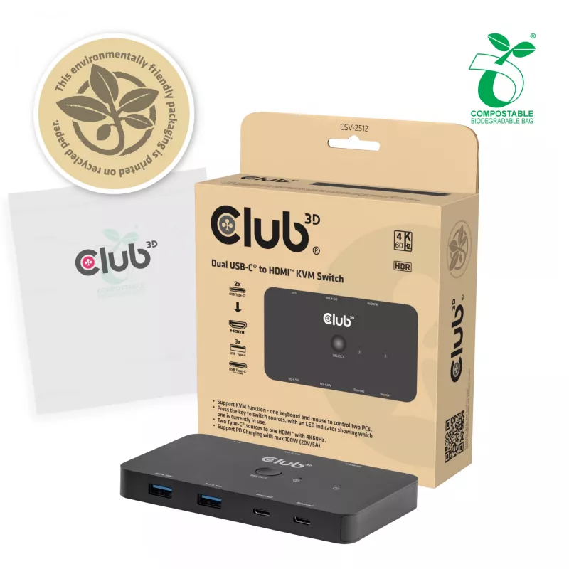 Switch KVM club 3d Dual USB-C a HDMI, 2 porte, 4K UHD 3840x2160, console USB-C, 65W PD, nero