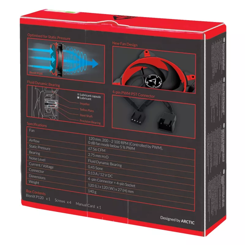 ARCTIC BioniX P120 (rosso) – ventola gaming da 120 mm ottimizzata per la pressione con PWM PST