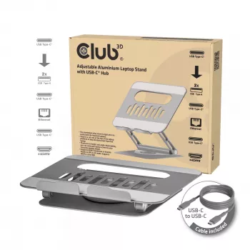 CLUB3D supporto per laptop in alluminio regolabile con hub USB-C®, grigio, 260 mm, 224 mm, 56 mm, 1,76 kg, 315 mm