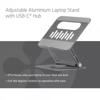CLUB3D supporto per laptop in alluminio regolabile con hub USB-C®, grigio, 260 mm, 224 mm, 56 mm, 1,76 kg, 315 mm