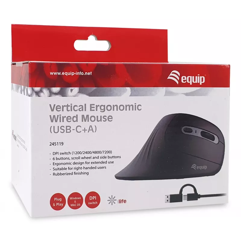 Equip 245119 mouse universale per destrimani USB Type-A + USB Type-C ottico 7200 DPI