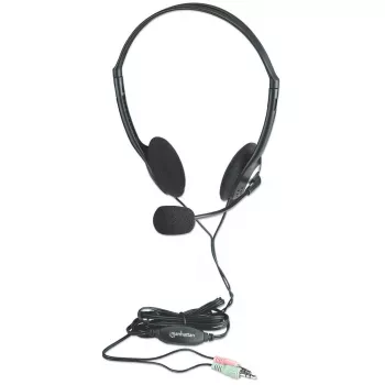 Manhattan headset stereo on-ear (3,5 mm), archetto con microfono, controllo volume inline, cuscinetti in schiuma, 2 connettori jack stereo 3,5 mm standard per uso audio/microfono, cavo 2 m, nero, tre anni di garanzia