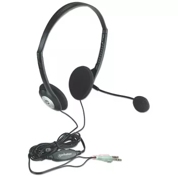 Manhattan headset stereo on-ear (3,5 mm), archetto con microfono, controllo volume inline, cuscinetti in schiuma, 2 connettori jack stereo 3,5 mm standard per uso audio/microfono, cavo 2 m, nero, tre anni di garanzia