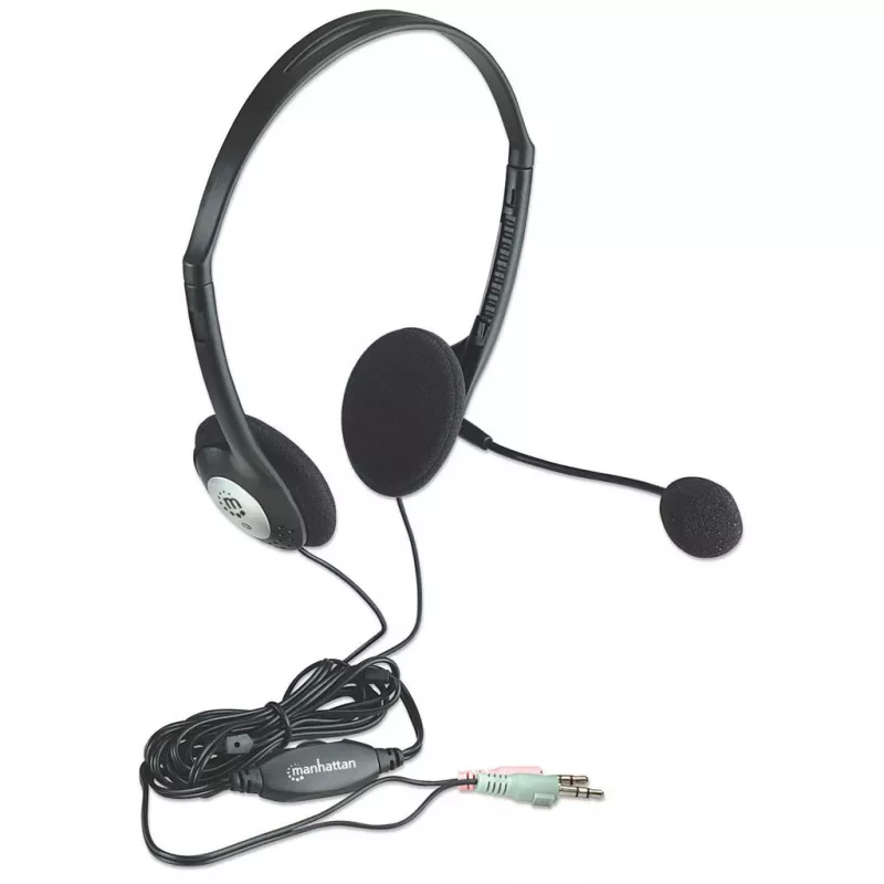Manhattan headset stereo on-ear (3,5 mm), archetto con microfono, controllo volume inline, cuscinetti in schiuma, 2 connettori jack stereo 3,5 mm standard per uso audio/microfono, cavo 2 m, nero, tre anni di garanzia