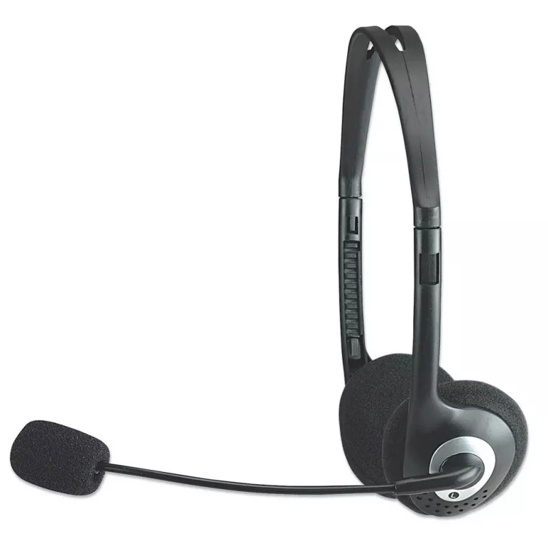 Manhattan headset stereo on-ear (3,5 mm), archetto con microfono, controllo volume inline, cuscinetti in schiuma, 2 connettori jack stereo 3,5 mm standard per uso audio/microfono, cavo 2 m, nero, tre anni di garanzia