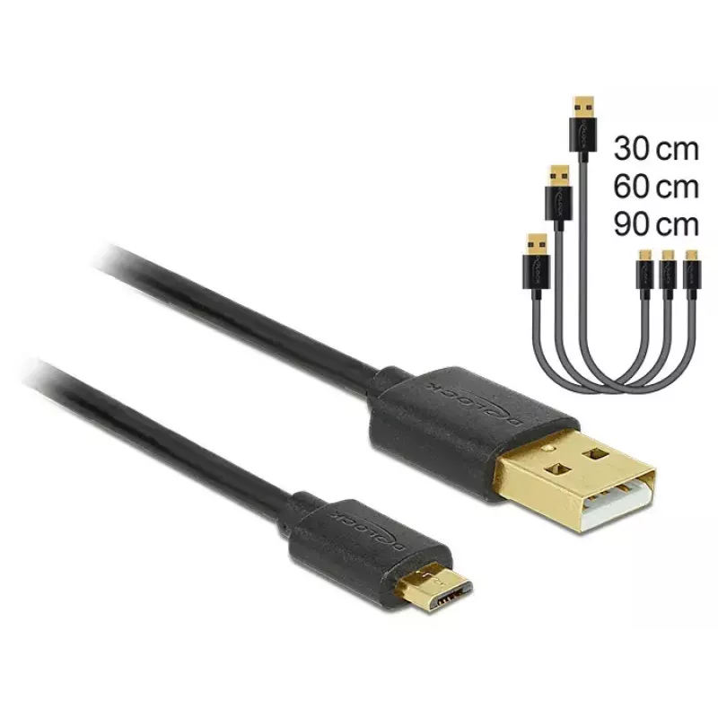 Delock Cavo dati e di ricarica da USB 2.0 Type-A a Micro-B, set da 3 pezzi, nero