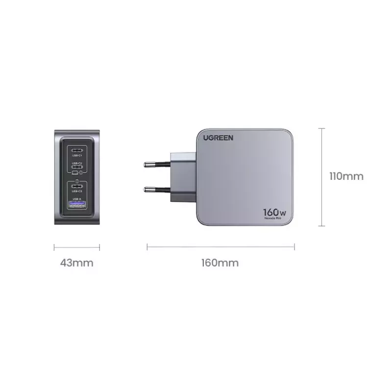 Caricabatterie Ugreen Nexode Pro 160W GaN con cavo USB-C universale nero, grigio AC ricarica rapida per interni