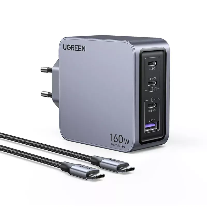 Caricabatterie Ugreen Nexode Pro 160W GaN con cavo USB-C universale nero, grigio AC ricarica rapida per interni