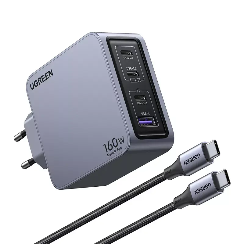 Caricabatterie Ugreen Nexode Pro 160W GaN con cavo USB-C universale nero, grigio AC ricarica rapida per interni
