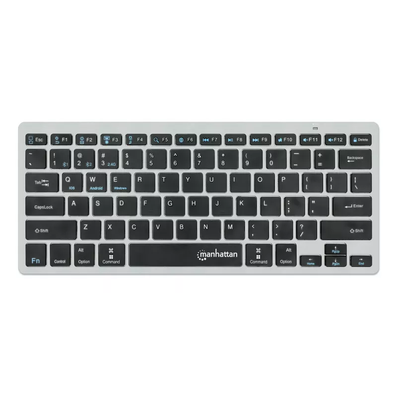 Tastiera wireless dual-mode ultra sottile Manhattan, layout QWERTZ tedesco, Bluetooth (v3.0) e wireless (2,4 GHz), 78 tasti piatti a forbice, gestione automatica dell'energia, portata 10 m, micro-ricevitore USB-A, batteria AAA (inclusa), Windows e Mac, tre anni di garanzia