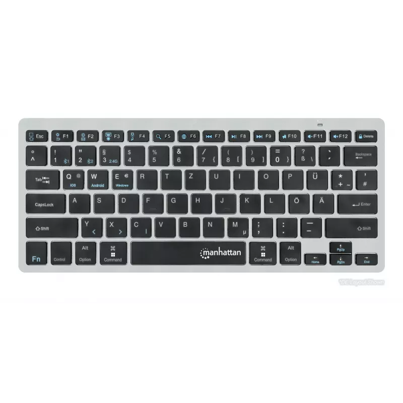 Tastiera wireless dual-mode ultra sottile Manhattan, layout QWERTZ tedesco, Bluetooth (v3.0) e wireless (2,4 GHz), 78 tasti piatti a forbice, gestione automatica dell'energia, portata 10 m, micro-ricevitore USB-A, batteria AAA (inclusa), Windows e Mac, tre anni di garanzia