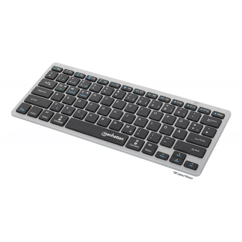 Tastiera wireless dual-mode ultra sottile Manhattan, layout QWERTZ tedesco, Bluetooth (v3.0) e wireless (2,4 GHz), 78 tasti piatti a forbice, gestione automatica dell'energia, portata 10 m, micro-ricevitore USB-A, batteria AAA (inclusa), Windows e Mac, tre anni di garanzia