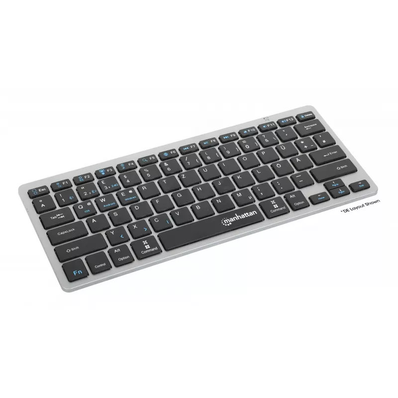 Tastiera wireless dual-mode ultra sottile Manhattan, layout QWERTZ tedesco, Bluetooth (v3.0) e wireless (2,4 GHz), 78 tasti piatti a forbice, gestione automatica dell'energia, portata 10 m, micro-ricevitore USB-A, batteria AAA (inclusa), Windows e Mac, tre anni di garanzia