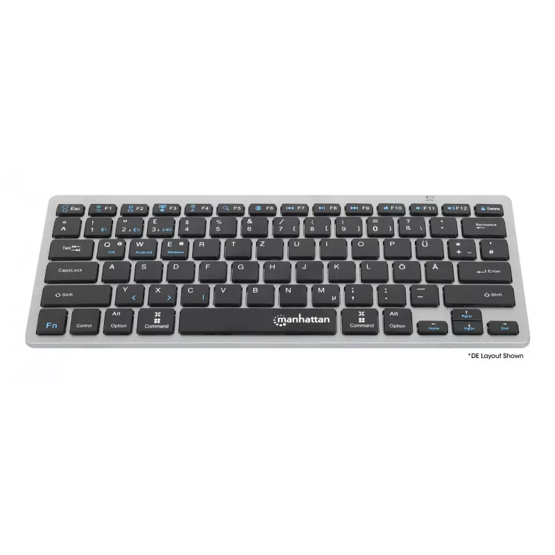Tastiera wireless dual-mode ultra sottile Manhattan, layout QWERTZ tedesco, Bluetooth (v3.0) e wireless (2,4 GHz), 78 tasti piatti a forbice, gestione automatica dell'energia, portata 10 m, micro-ricevitore USB-A, batteria AAA (inclusa), Windows e Mac, tre anni di garanzia