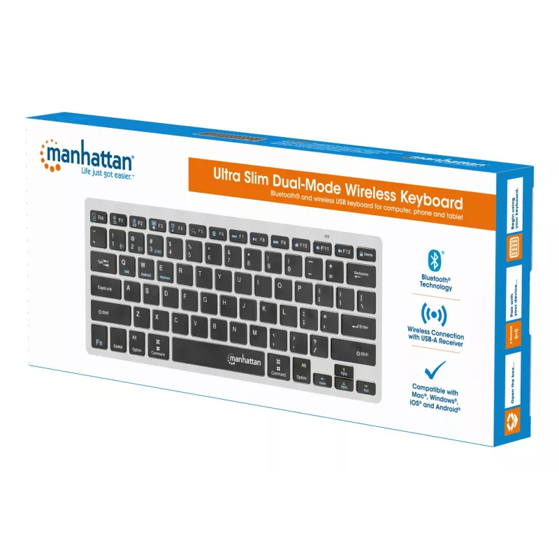 Tastiera wireless dual-mode ultra sottile Manhattan, layout QWERTZ tedesco, Bluetooth (v3.0) e wireless (2,4 GHz), 78 tasti piatti a forbice, gestione automatica dell'energia, portata 10 m, micro-ricevitore USB-A, batteria AAA (inclusa), Windows e Mac, tre anni di garanzia